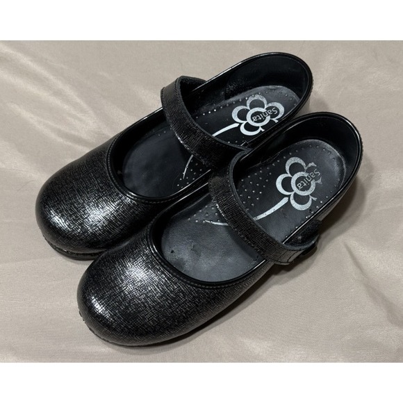 Sanita Ladies 39 Blaire Mary Jane Hook & Loop Black Silver Leather Clogs Shoes‎ - Picture 2 of 12
